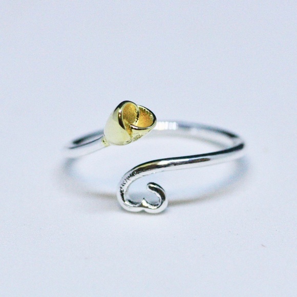 Adjustable Size Two Tone Heart Rose Flower Ring Sterling Silver 925 - Picture 3 of 7